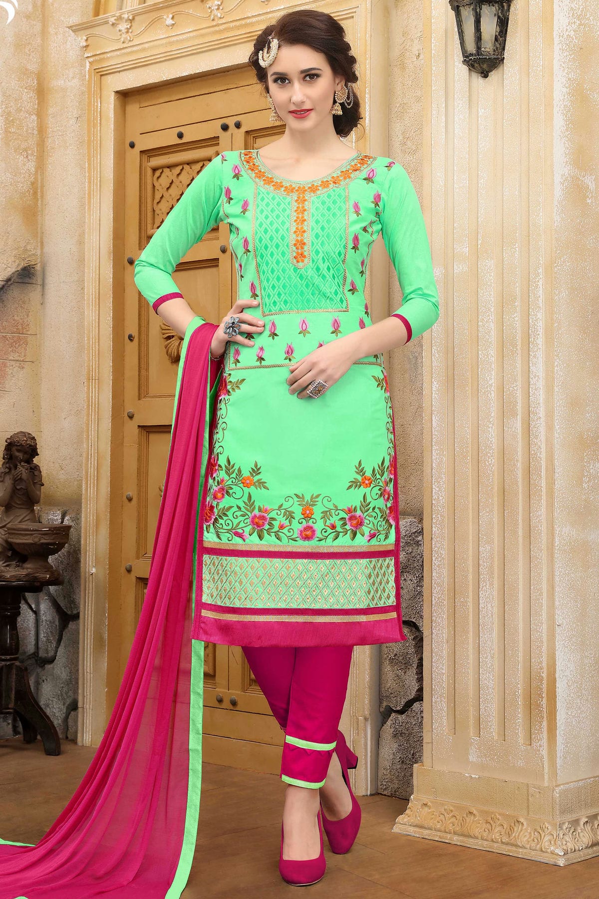 Light Green Colour Unstitched Cotton Straight Suit