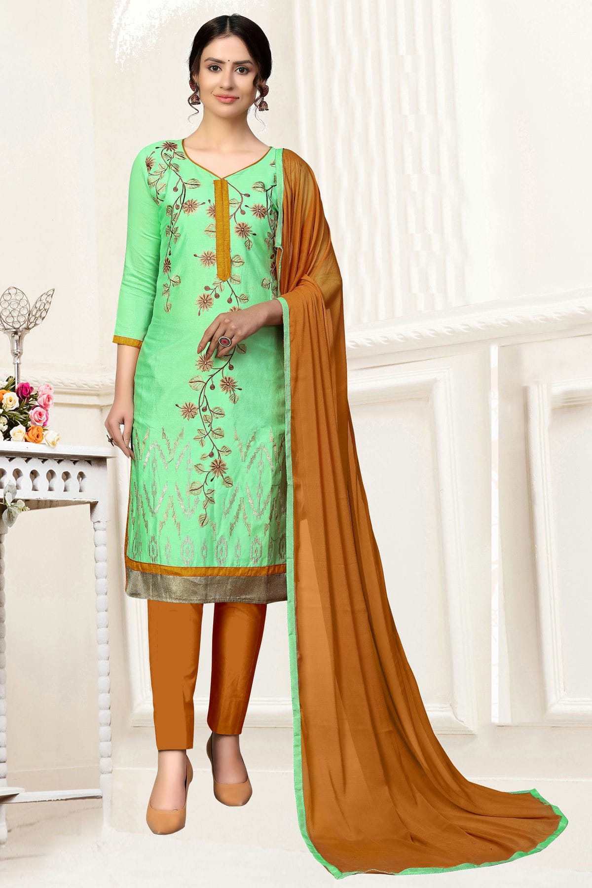 Light Green Colour Unstitched Glass Cotton Straight Suit