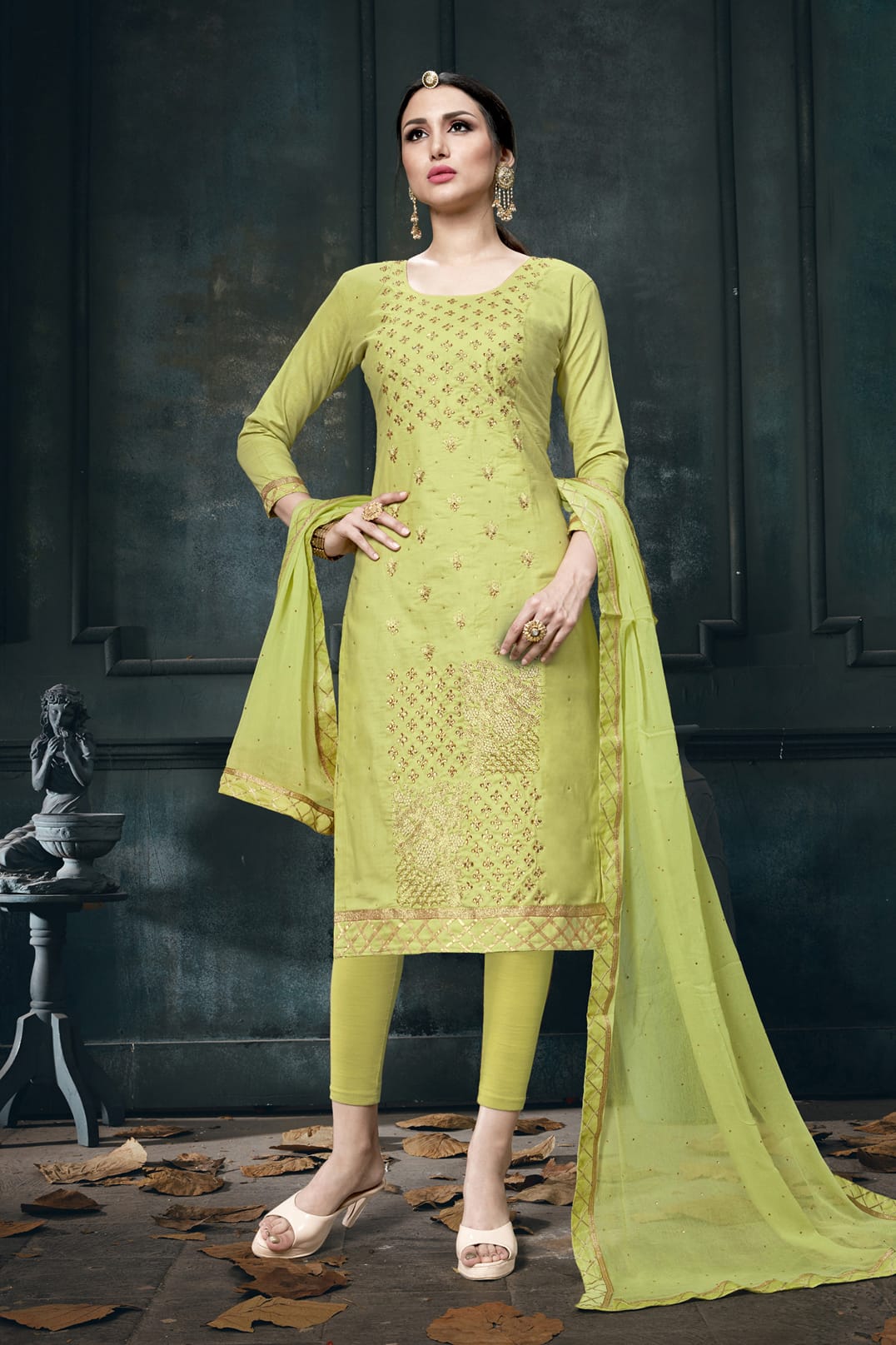 Light Green Colour Unstitched Jam Cotton Straight Suit