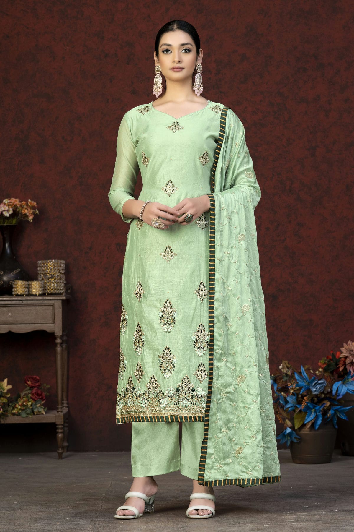 Light Green Colour Unstitched Modal Chanderi Fabric Straight Suit