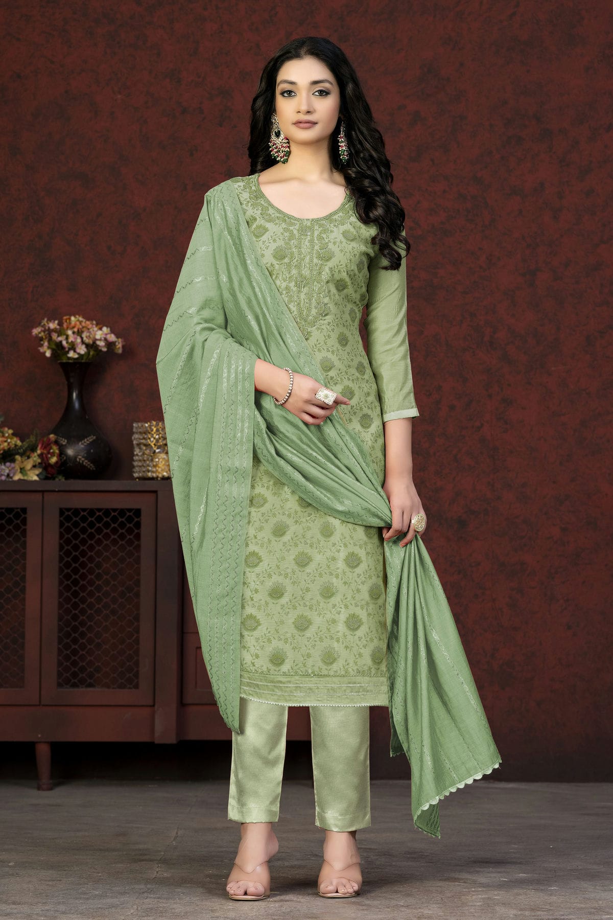 Light Green Colour Unstitched Modal Cotton Pant Style Suit