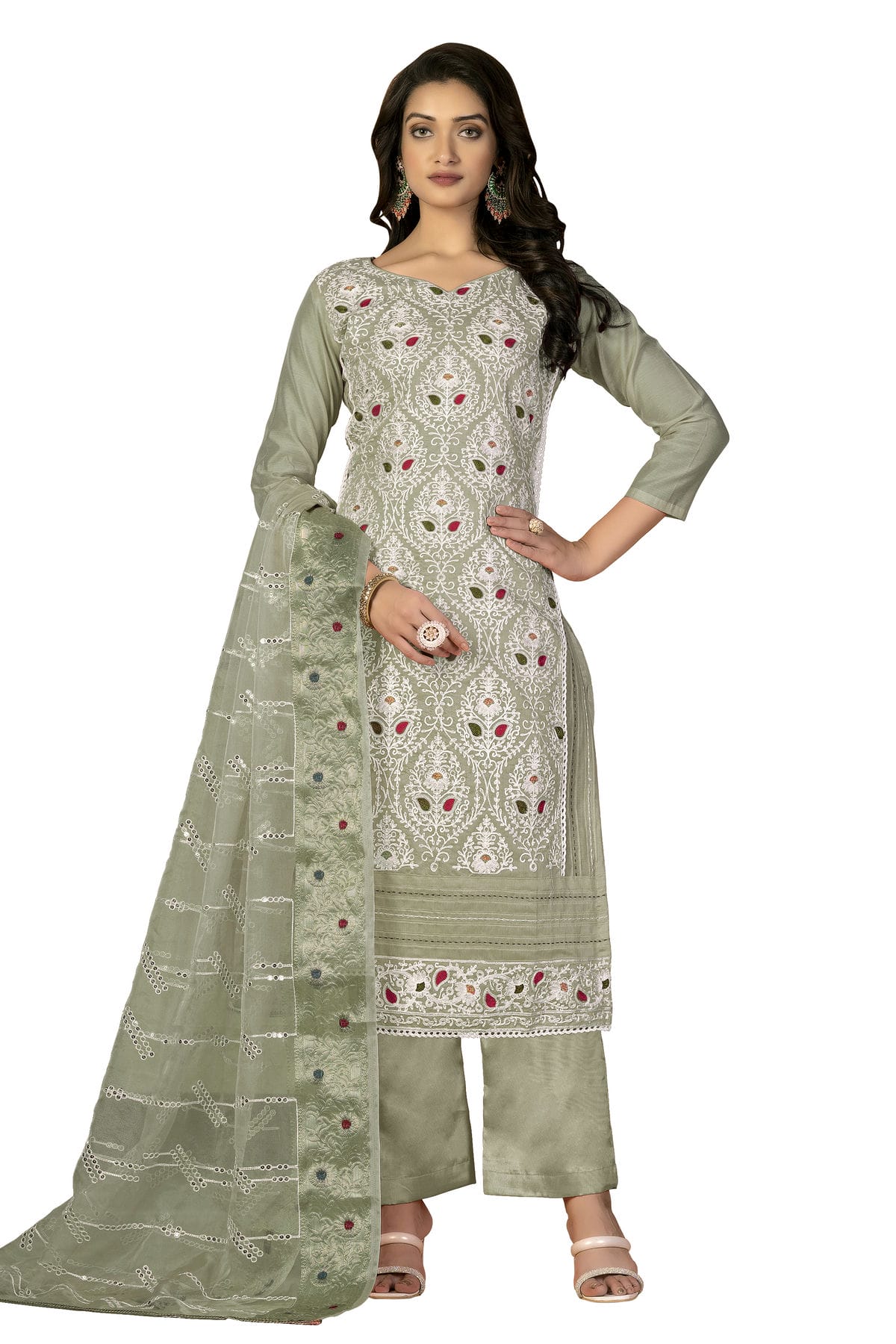 Light Green Colour Unstitched Modal Silk Fabric Straight Suit