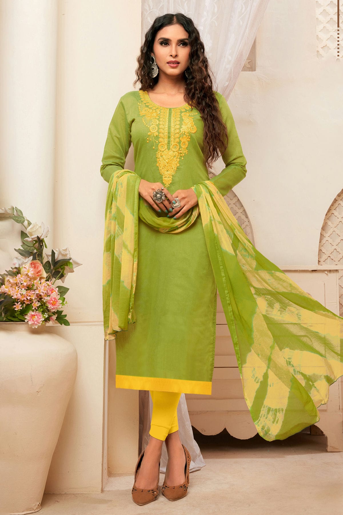 Light Green Colour Unstitched Modal Silk Straight Suit