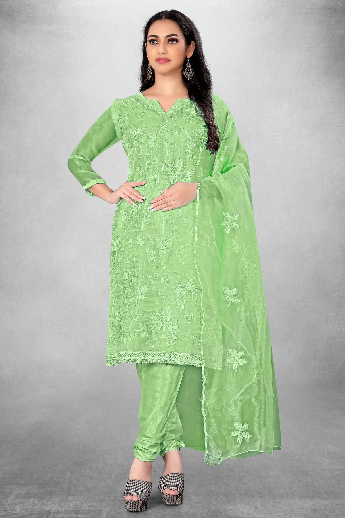 Light Green Colour Unstitched Organza Churidar Suit