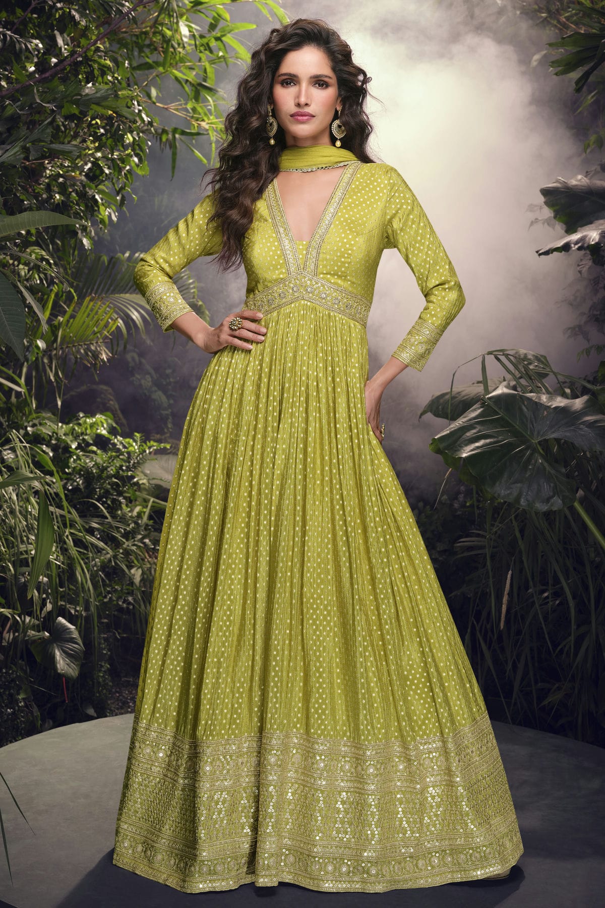 Light Green Colour Viscose Jacquard Silk Gown