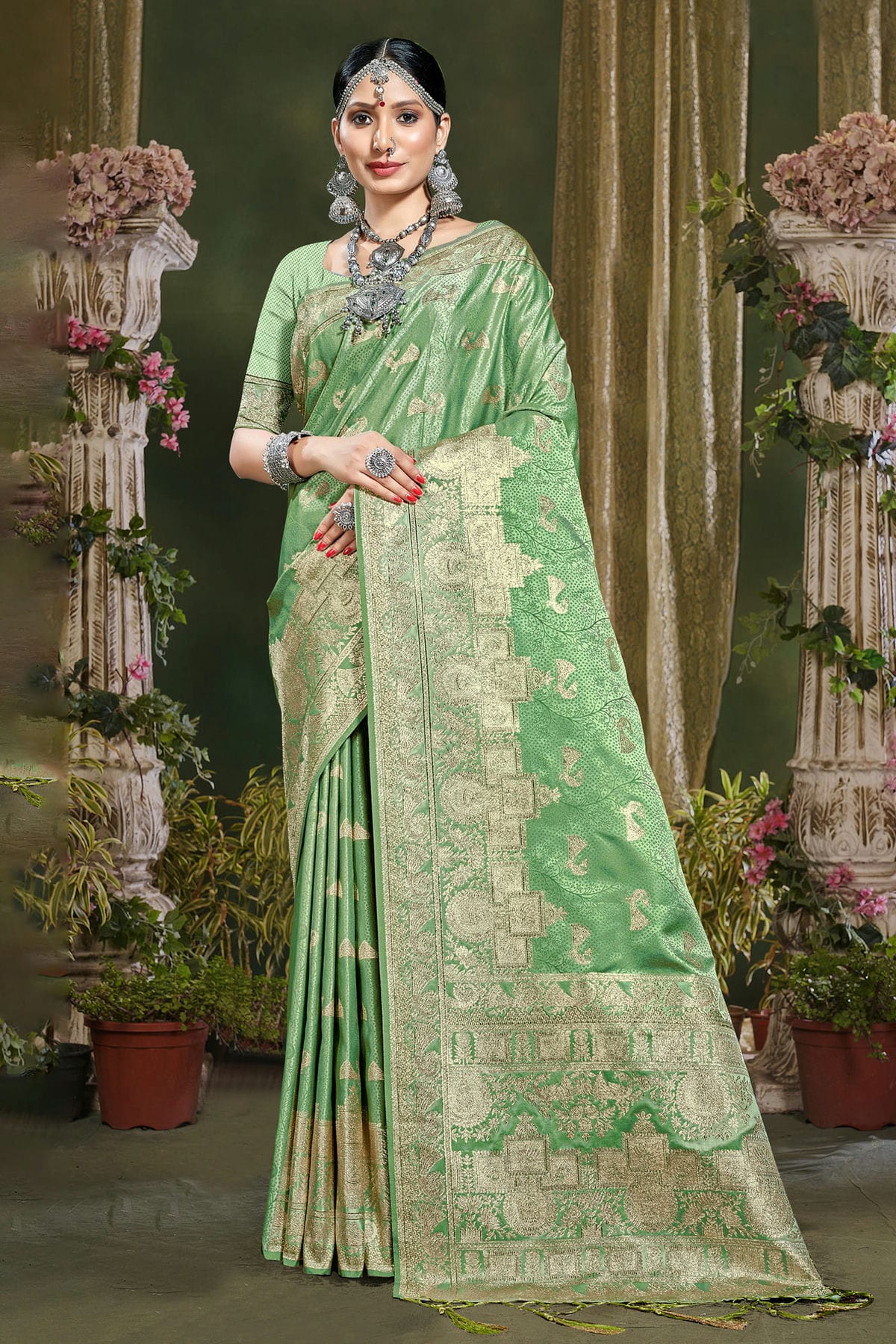 Light Green Colour Woven Work Banarasi Silk Saree