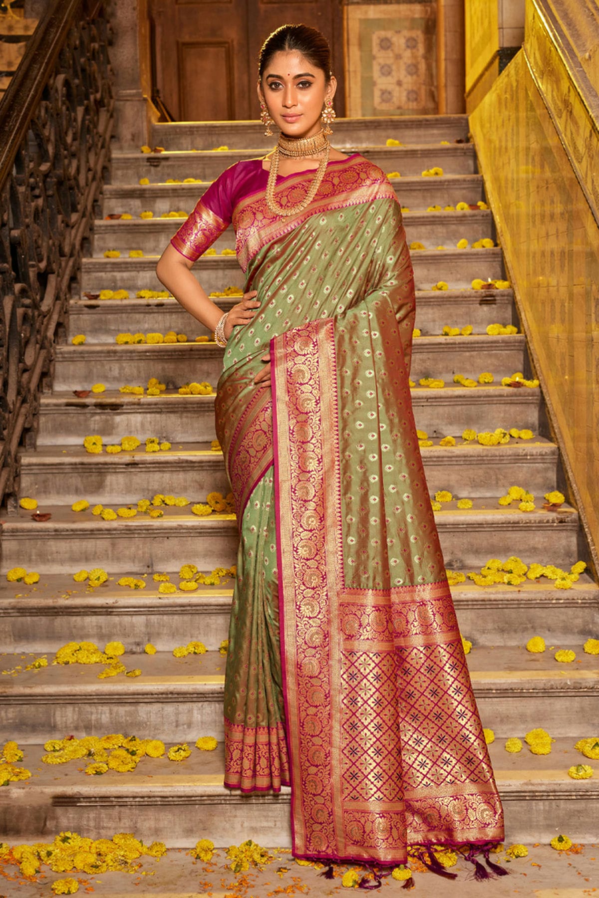 Light Green Colour Woven Work Banarasi Silk Saree