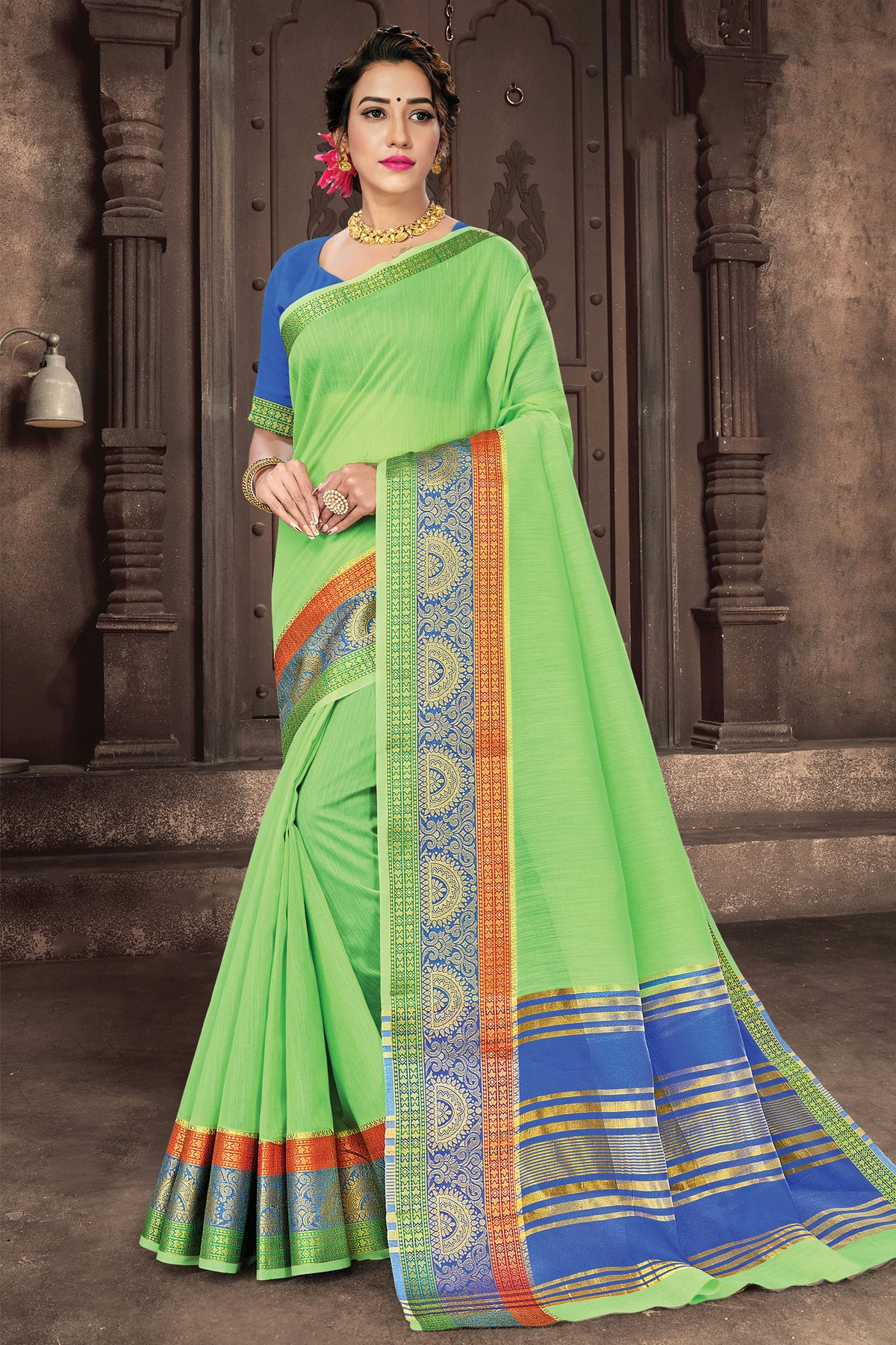 Light Green Colour Woven Work Cotton Handloom Saree