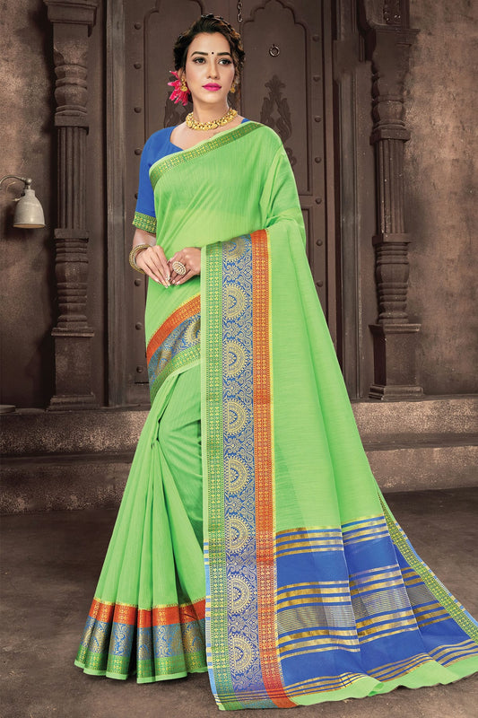 Light Green Colour Woven Work Cotton Handloom Saree