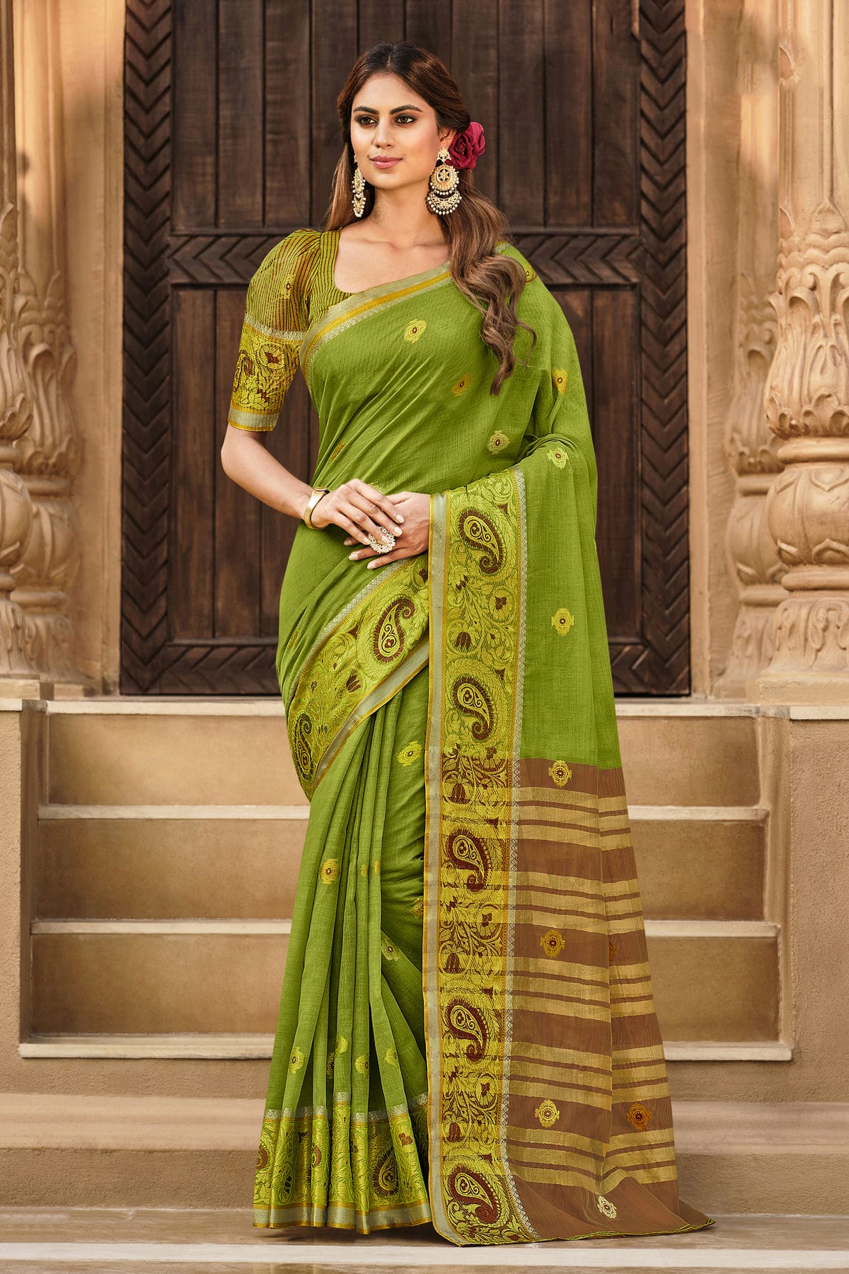 Light Green Colour Woven Work Cotton Saree