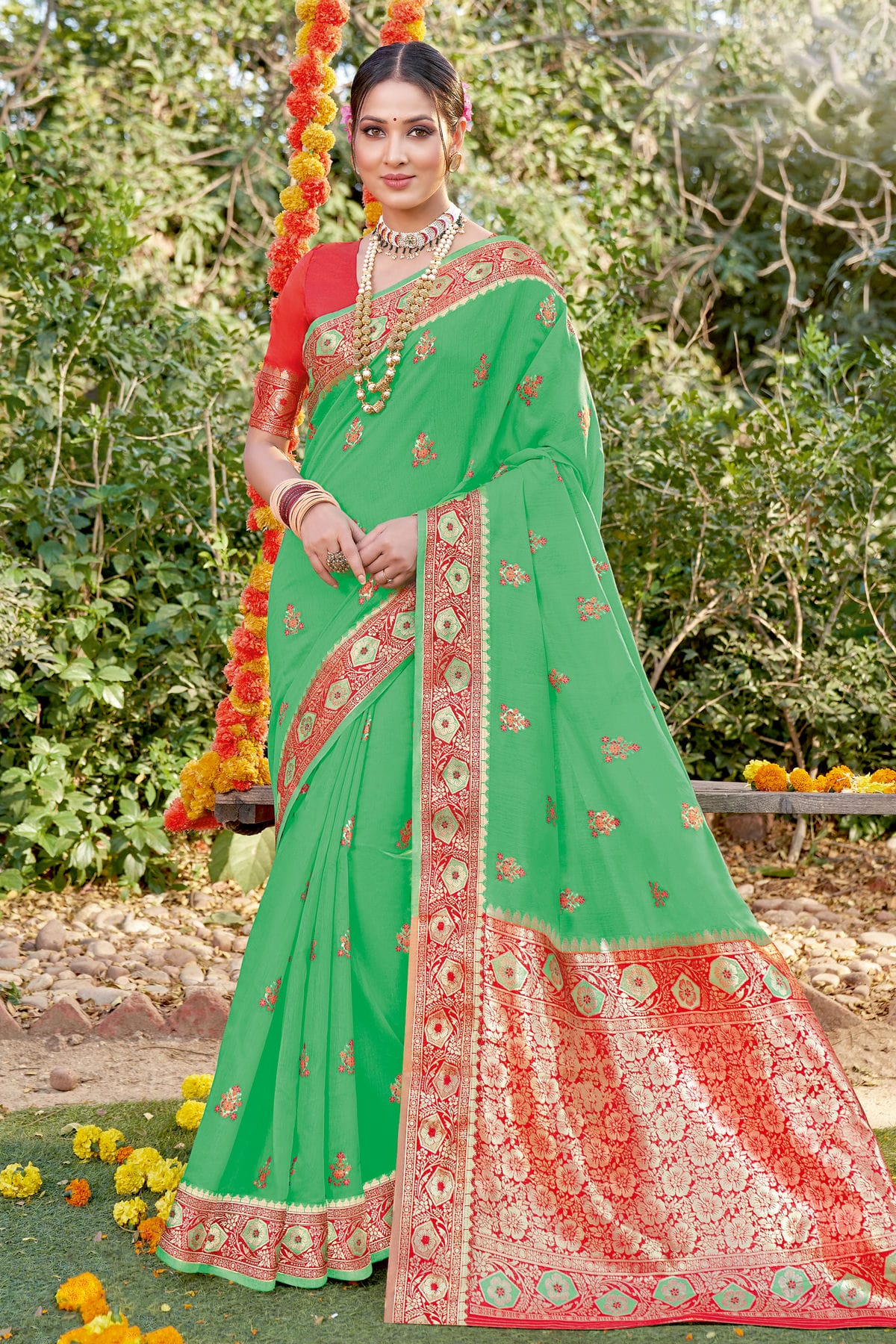 Light Green Colour Woven Work Cotton Saree