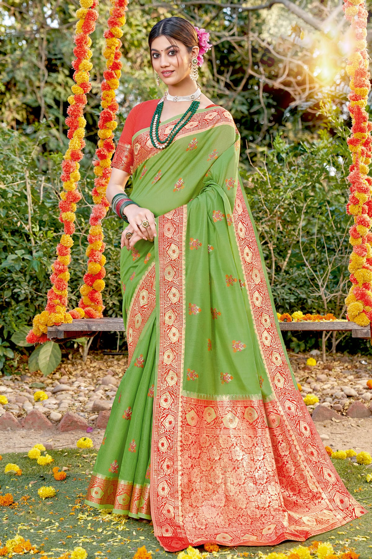 Light Green Colour Woven Work Cotton Saree