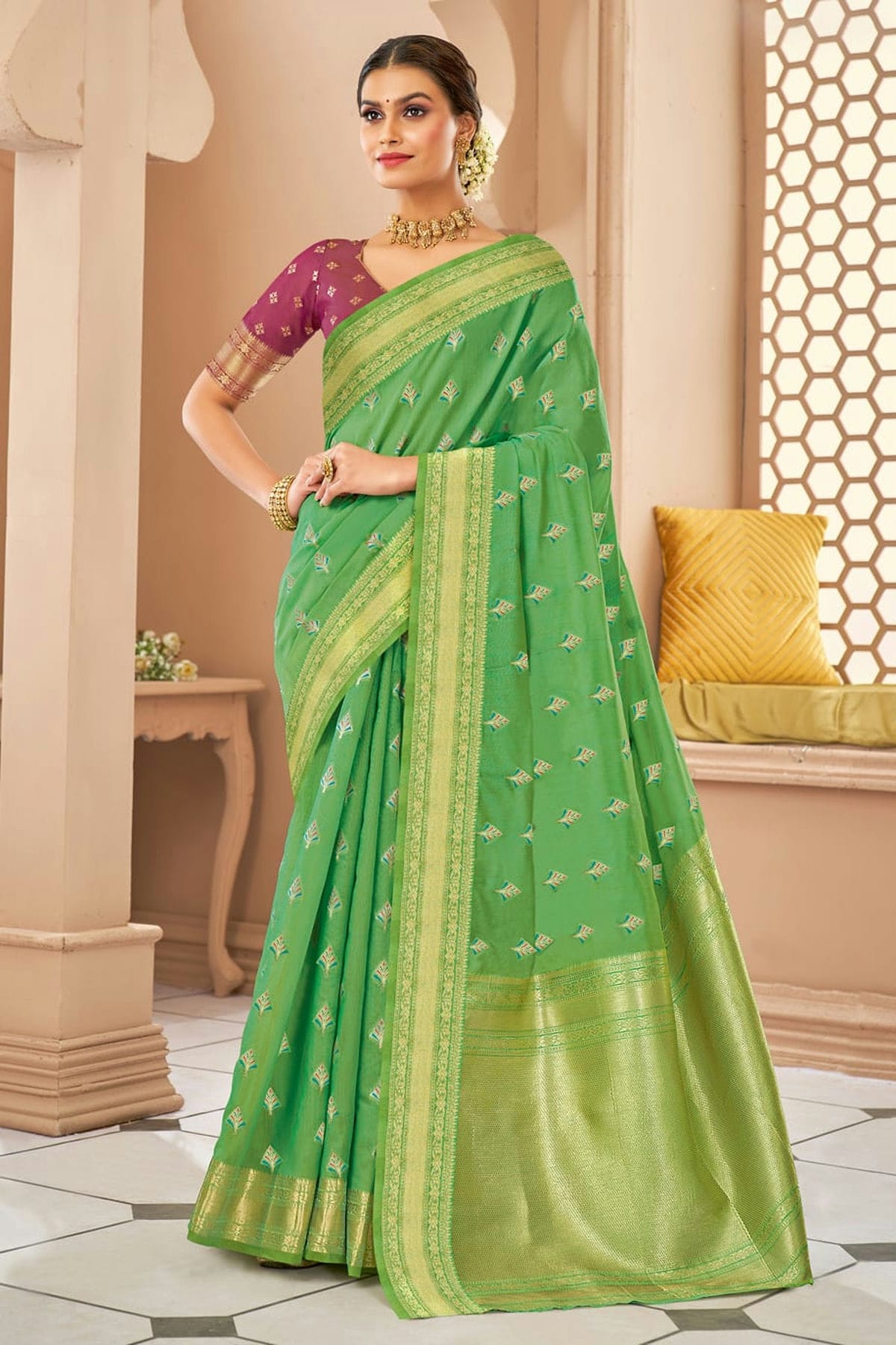 Light Green Colour Woven Work Cotton Saree