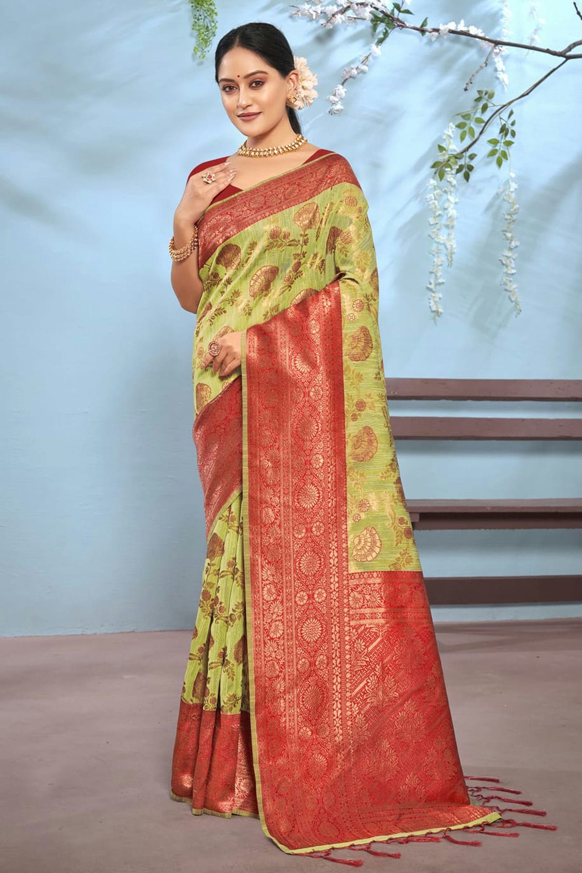 Light Green Colour Woven Work Cotton Saree