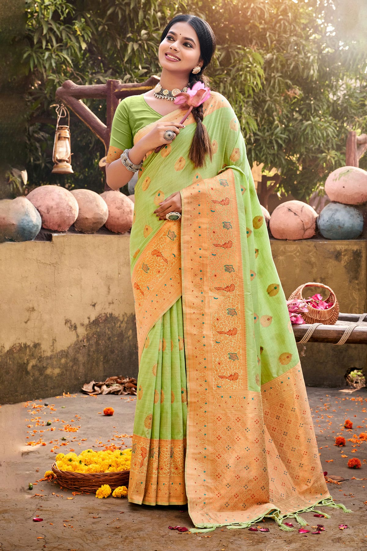 Light Green Colour Woven Work Cotton Saree