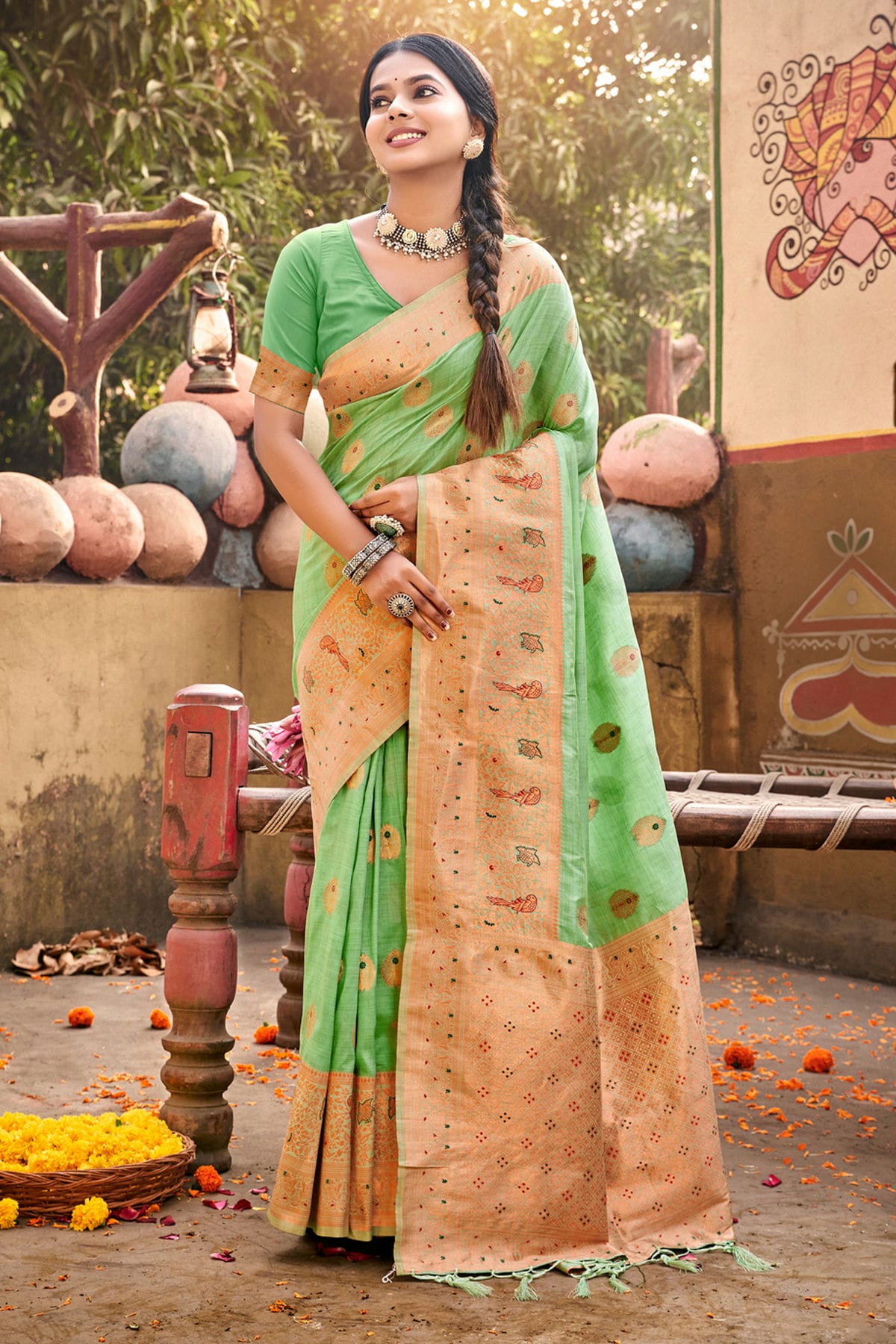 Light Green Colour Woven Work Cotton Saree