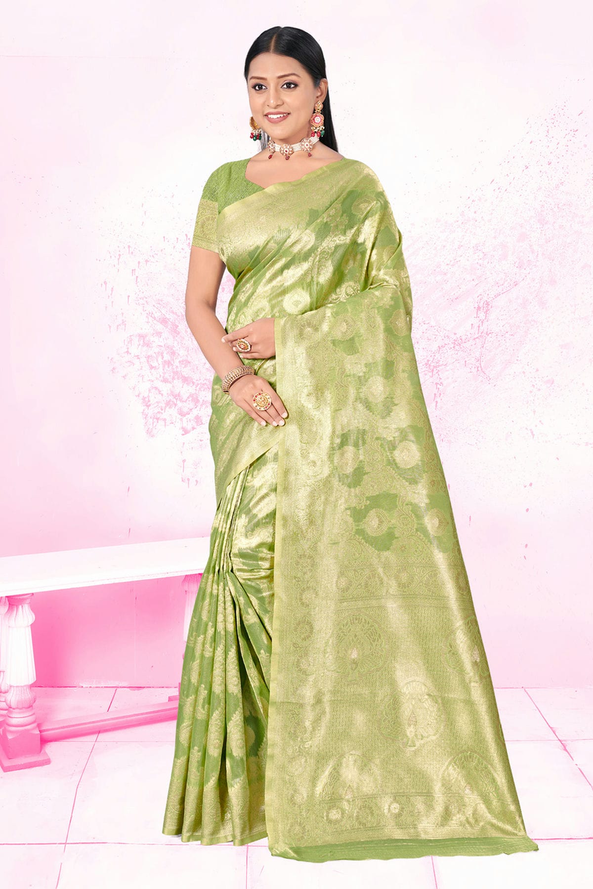 Light Green Colour Woven Work Cotton Saree