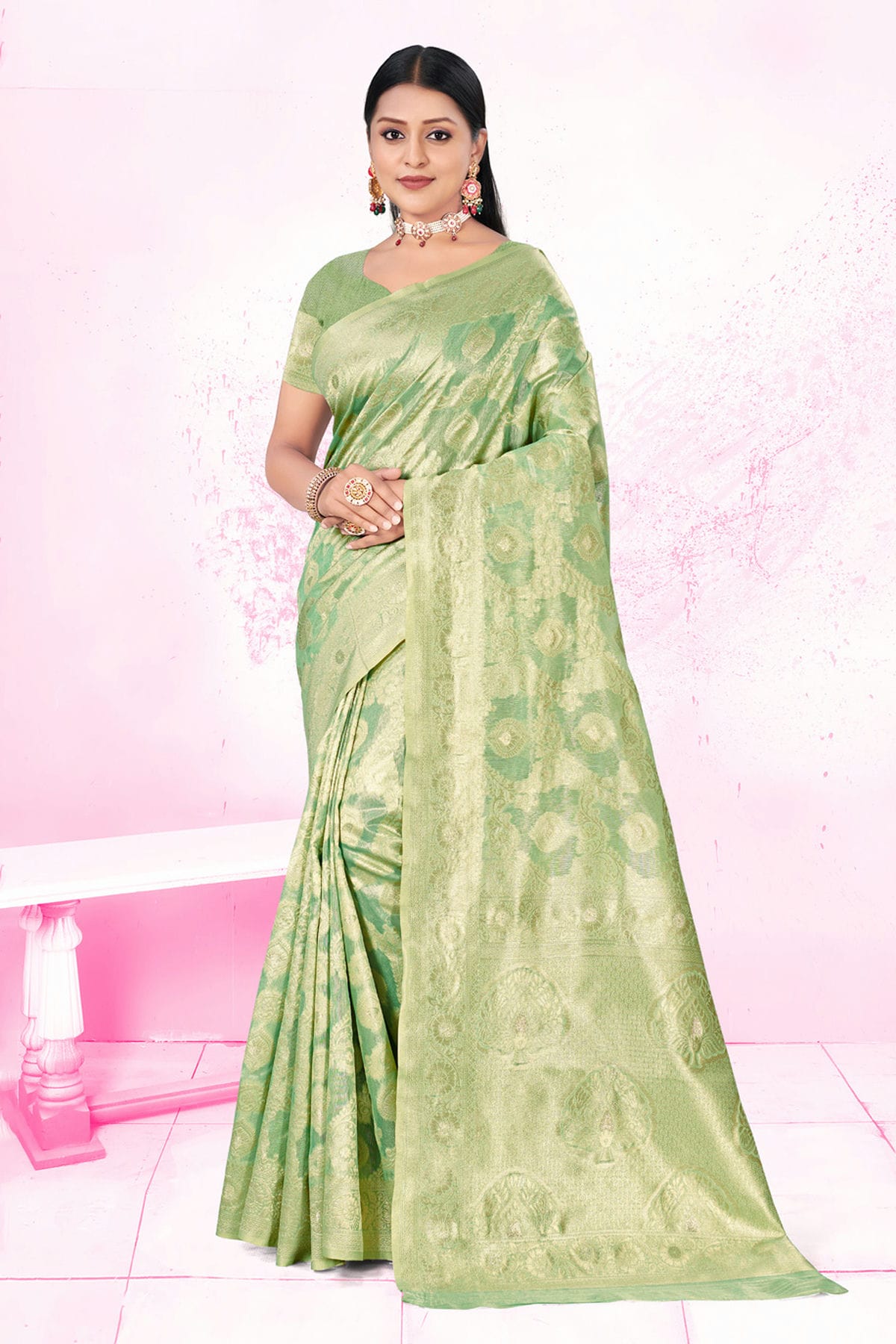 Light Green Colour Woven Work Cotton Saree