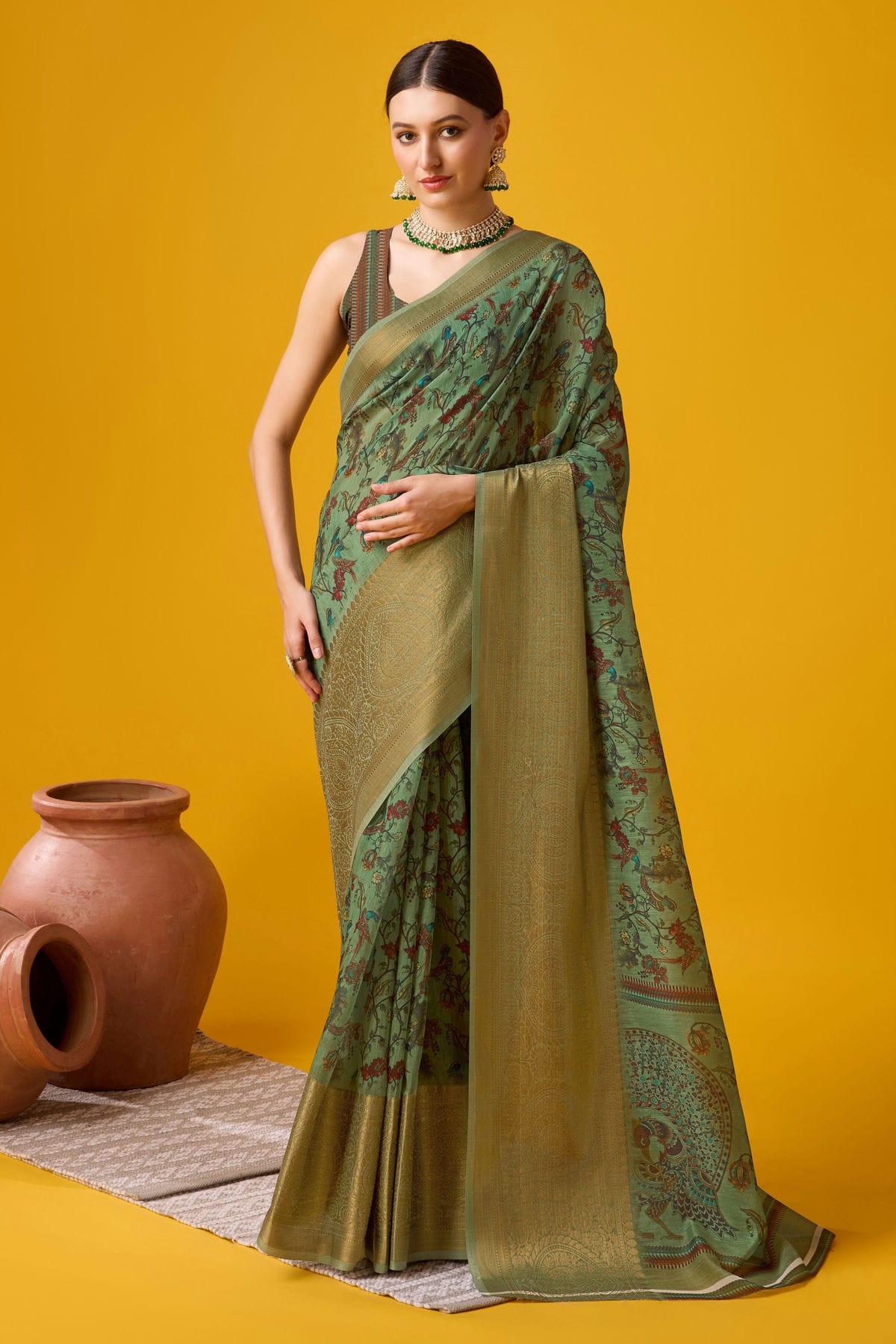 Light Green Colour Woven Work Cotton Saree