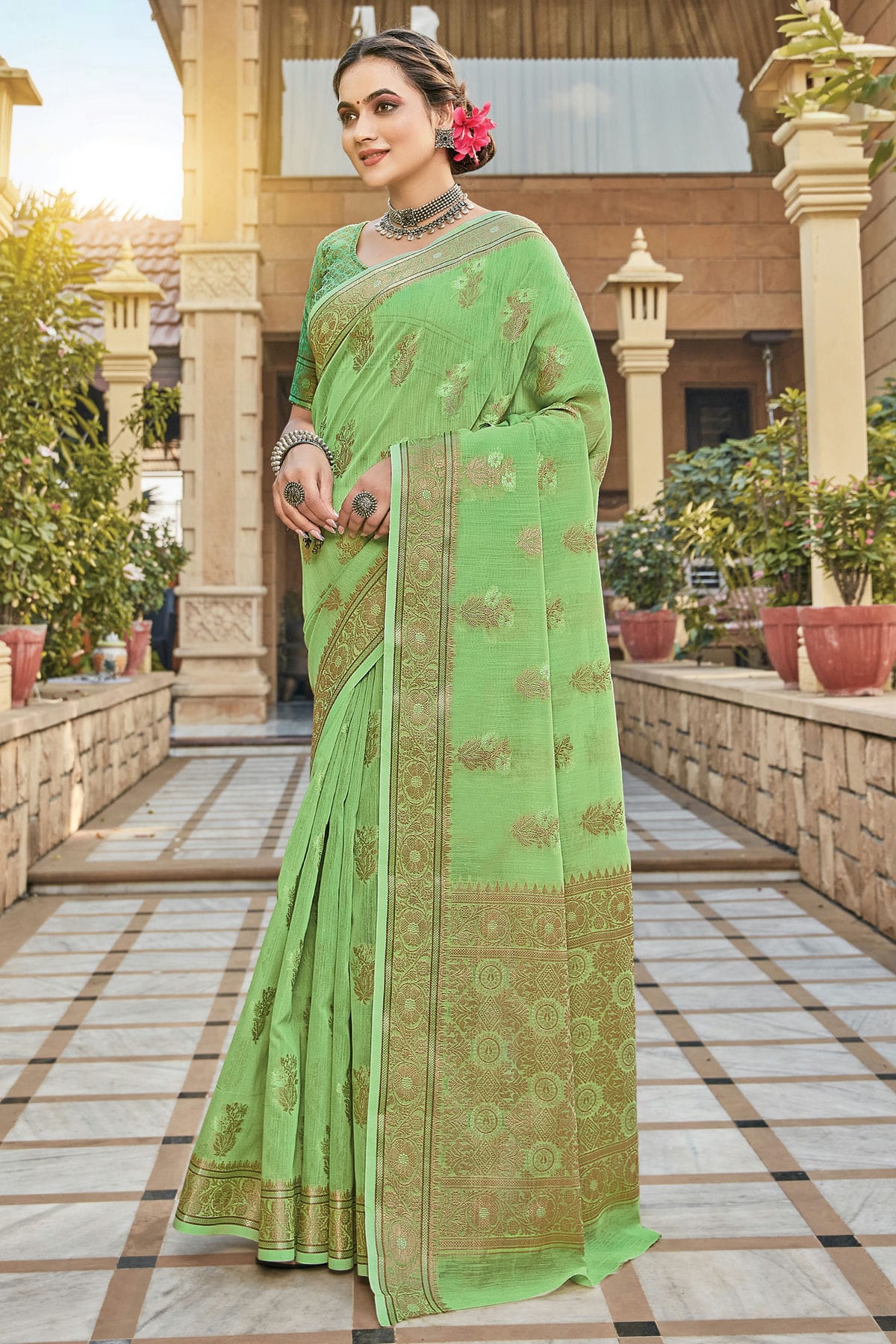 Light Green Colour Woven Work Linen Saree