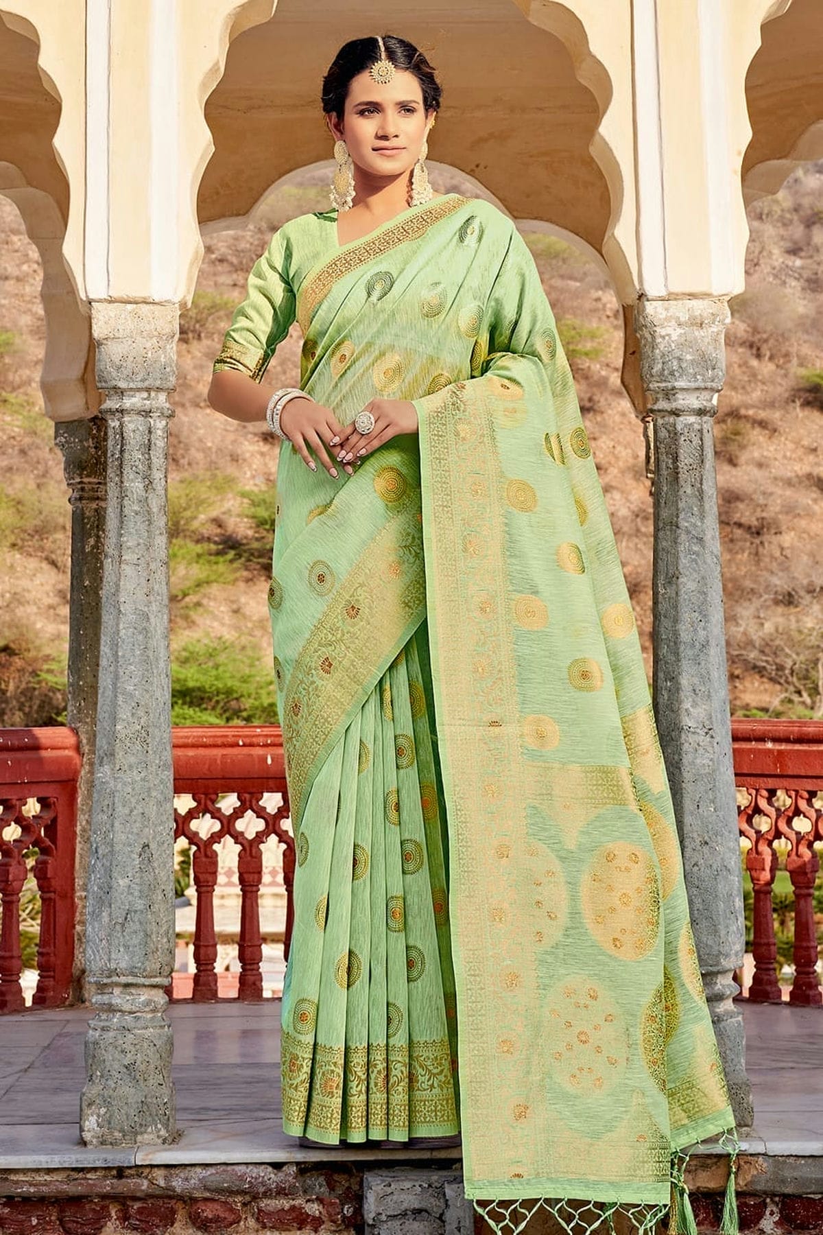 Light Green Colour Woven Work Linen Saree