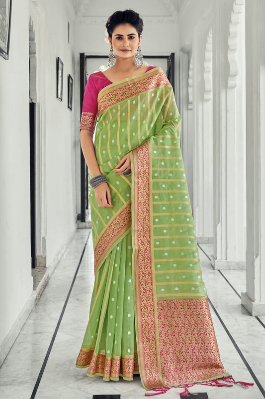 Light Green Colour Woven Work Organza Saree