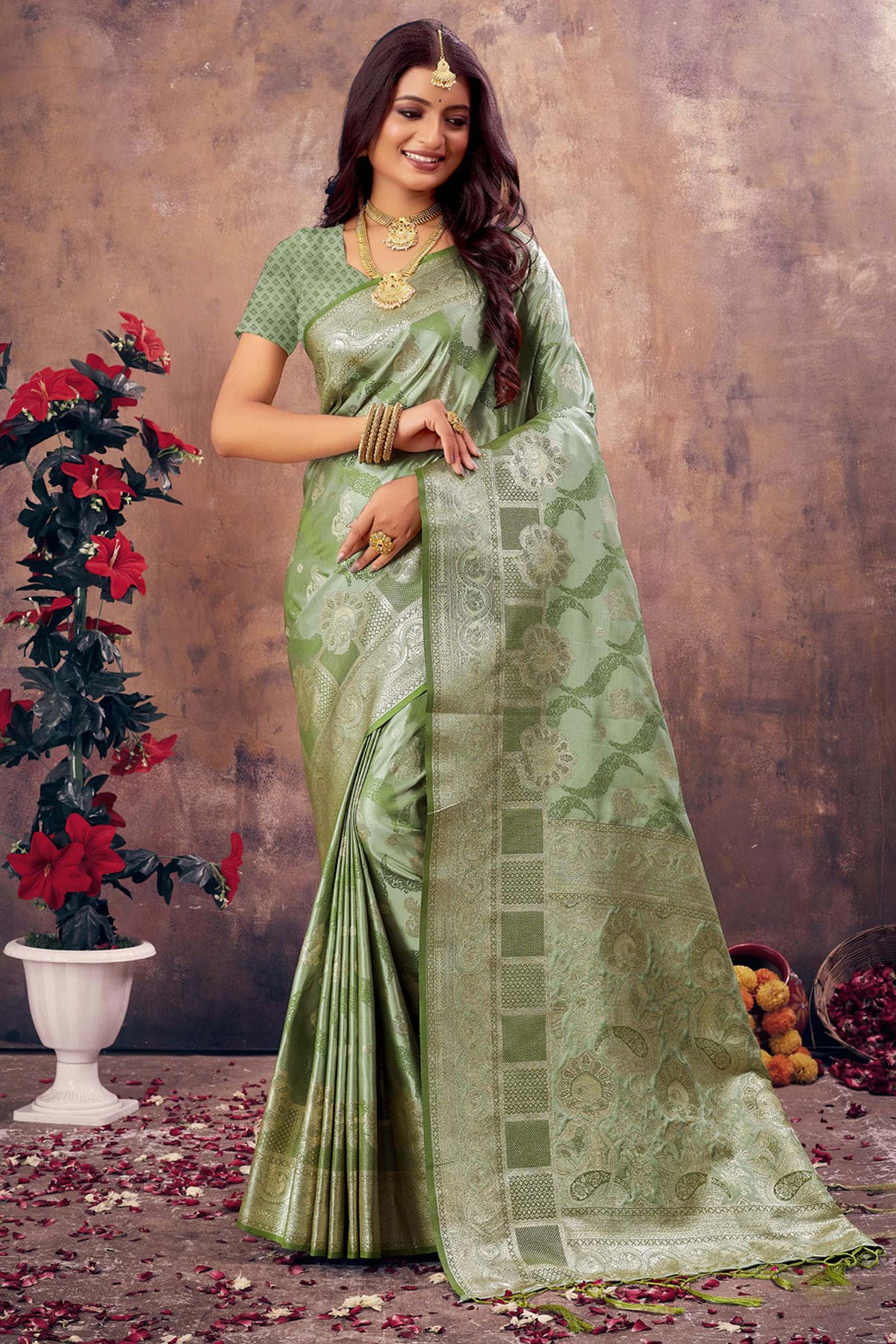 Light Green Colour Woven Work South Silk Saree