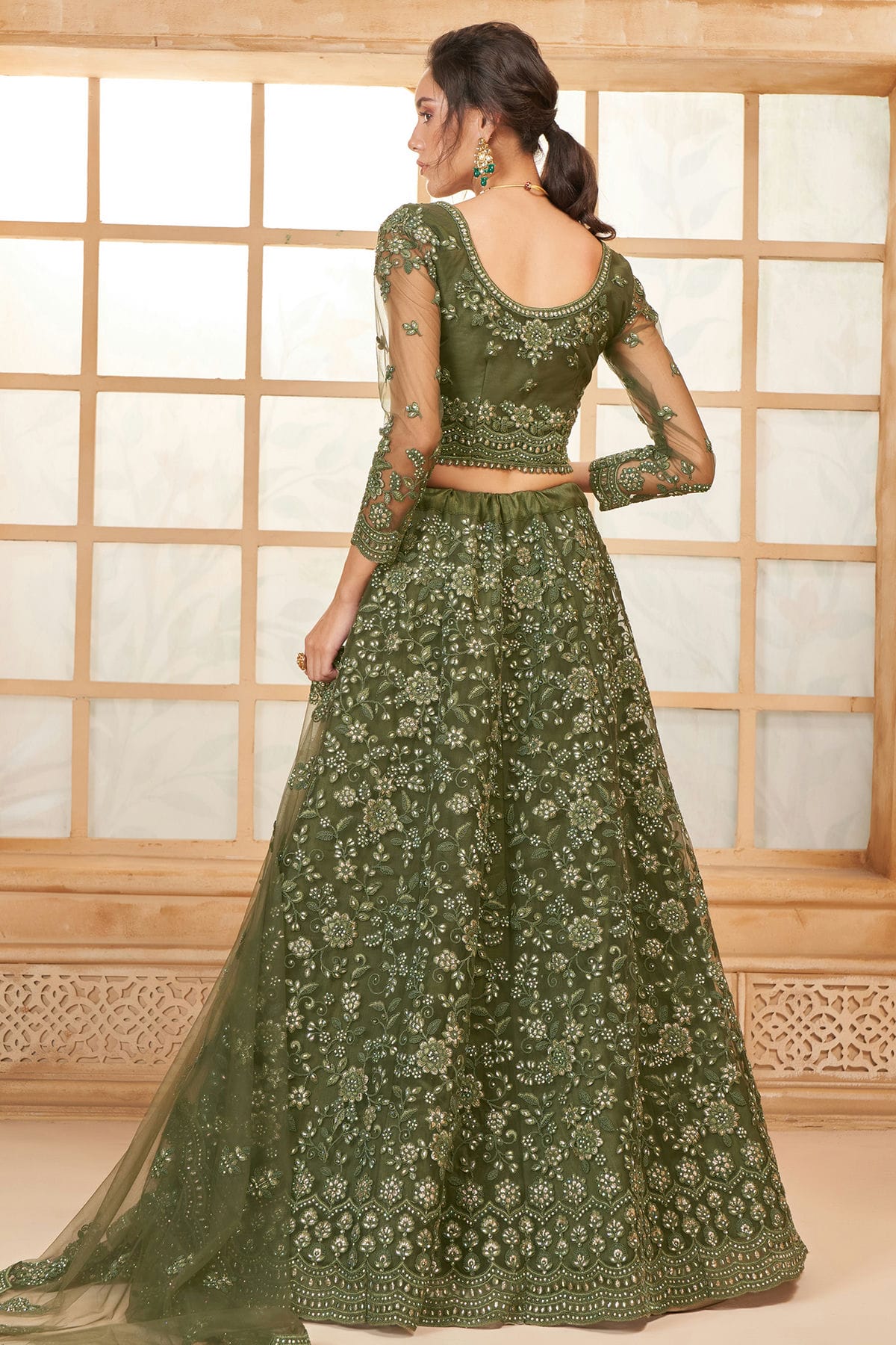 Light Green Embroidery Net and SilK Lehenga Choli