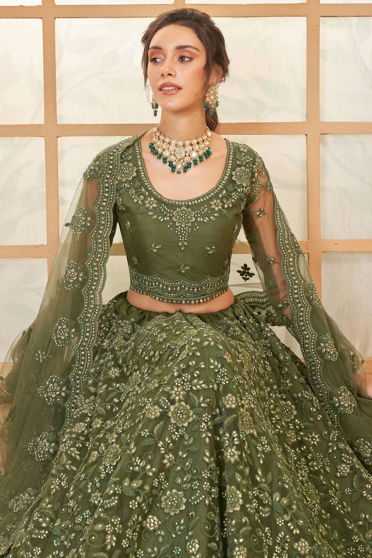 Light Green Embroidery Net and SilK Lehenga Choli