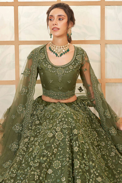 Light Green Embroidery Net and SilK Lehenga Choli