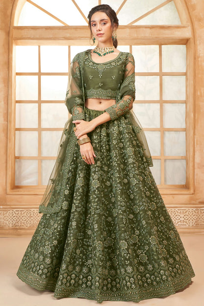 Light Green Embroidery Net and SilK Lehenga Choli