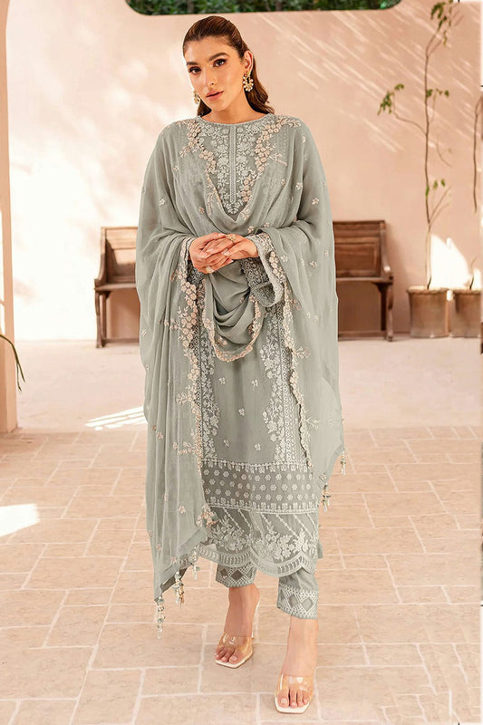 Light Grey Colour Faux Georgette Semi Stitched Pakistani Suit