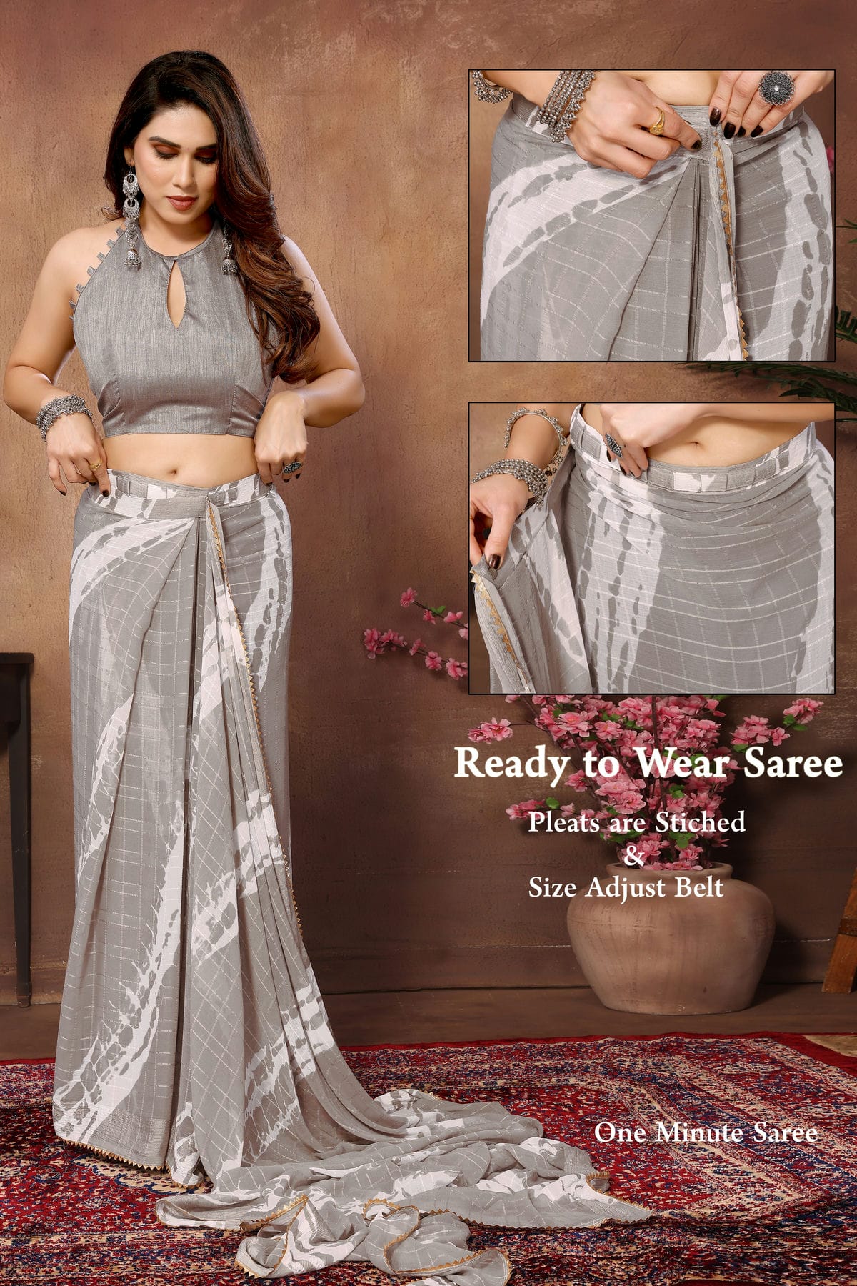 Light Grey Colour Georgette Ready To Wear Saree