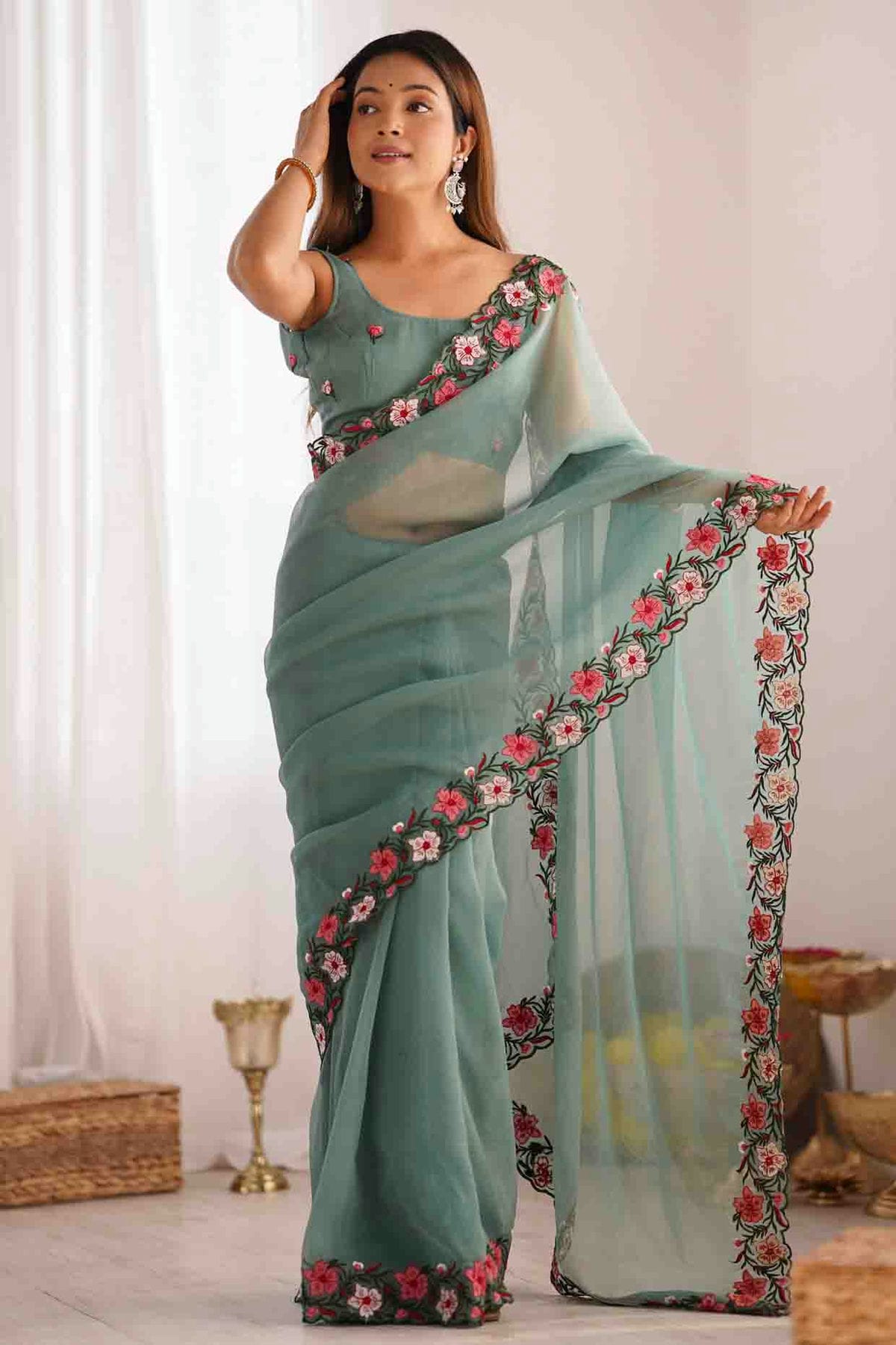 Light Grey Colour Gold Crush Designer Saree