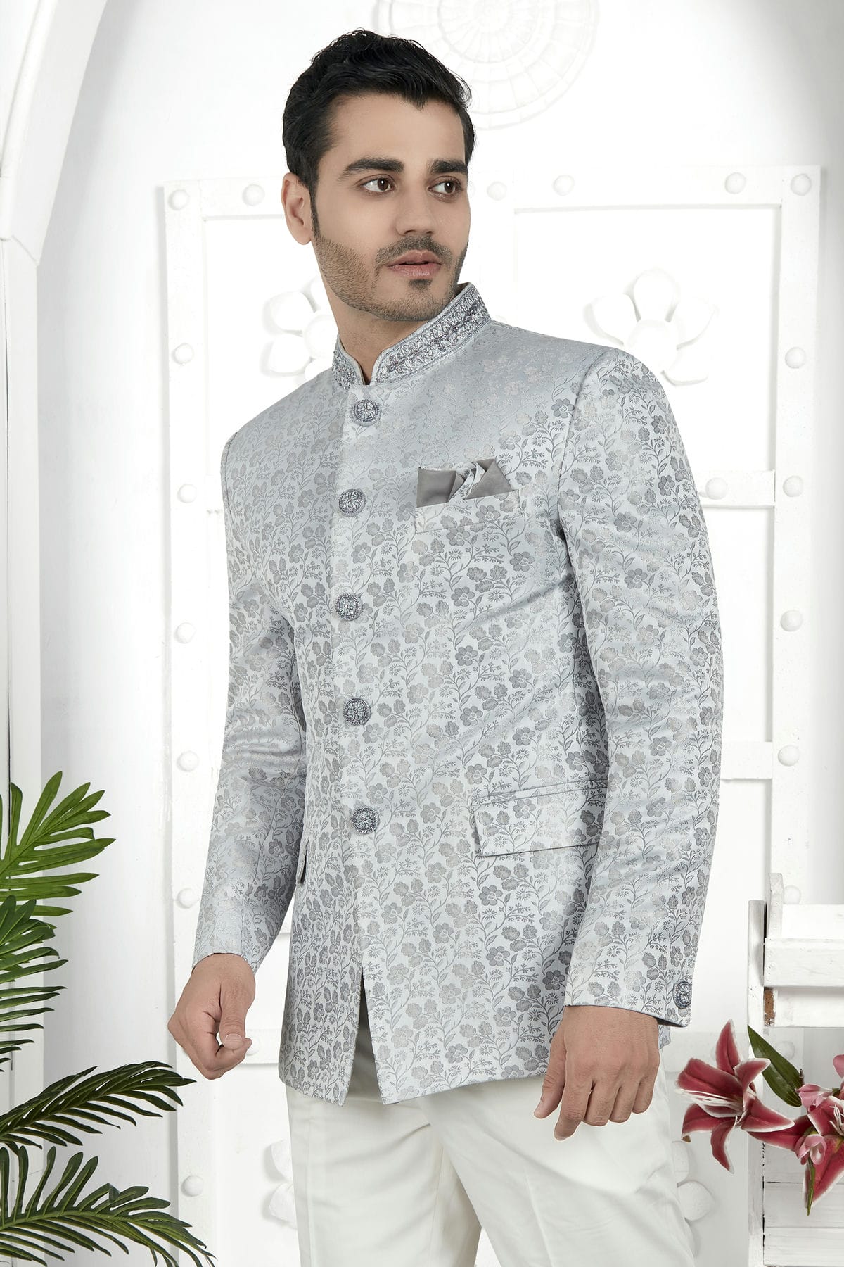 Light Grey Colour Jacquard Silk Jodhpuri Jacket VSJP1230103