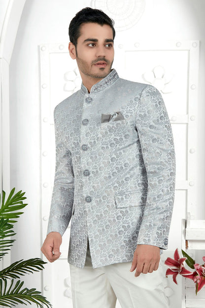 Light Grey Colour Jacquard Silk Jodhpuri Jacket VSJP1230103