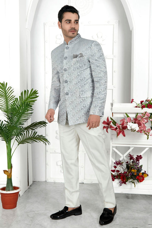 Light Grey Colour Jacquard Silk Jodhpuri Jacket