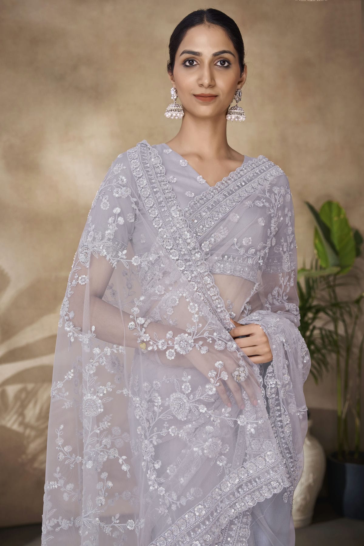 Light Grey Colour Net Designer Saree