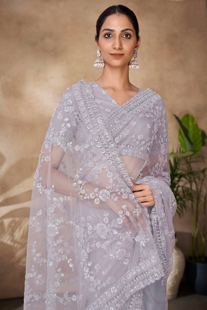 Light Grey Colour Net Designer Saree