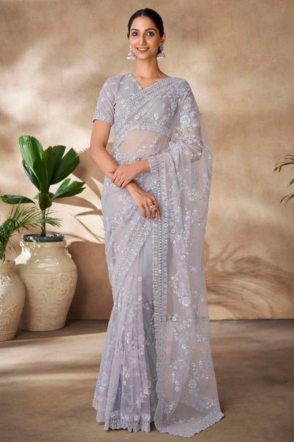 Light Grey Colour Net Designer Saree