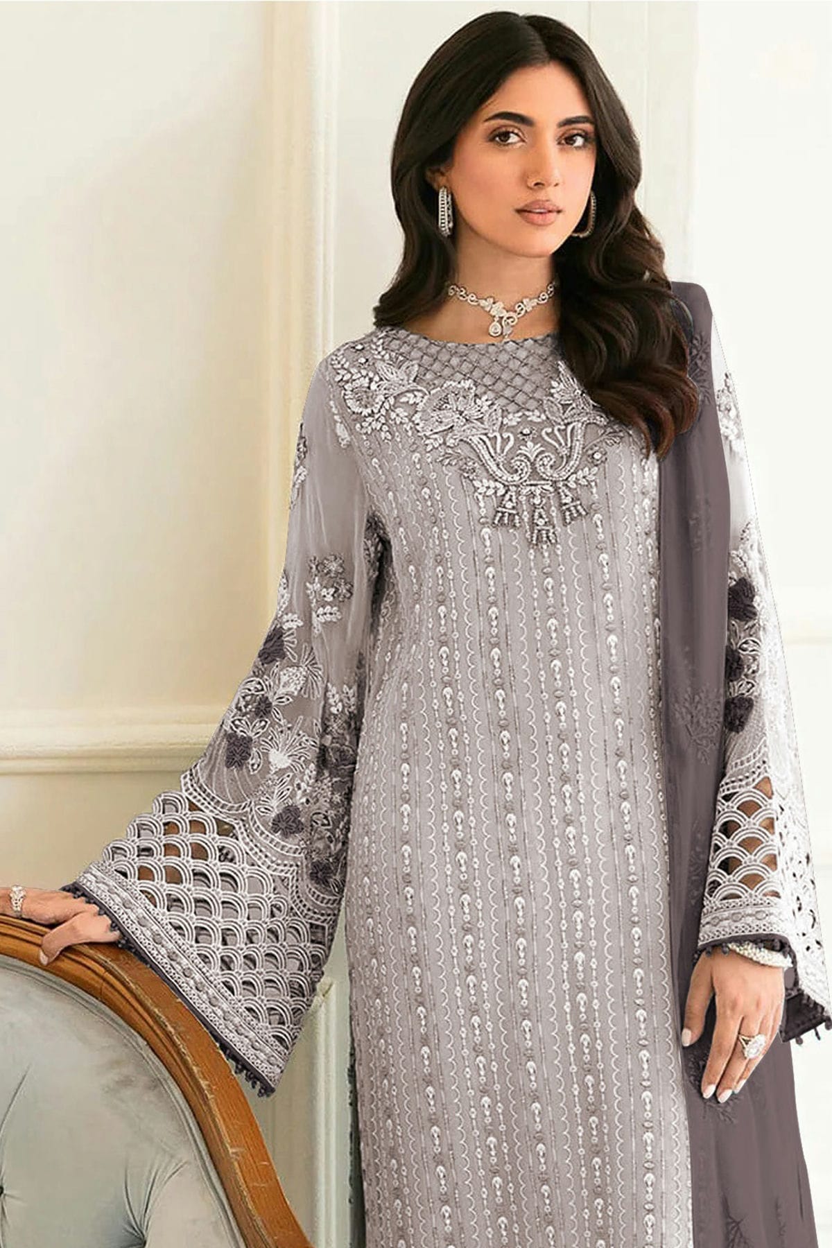 Light Grey Colour Semi Stitched Faux Georgette Pakistani Suit