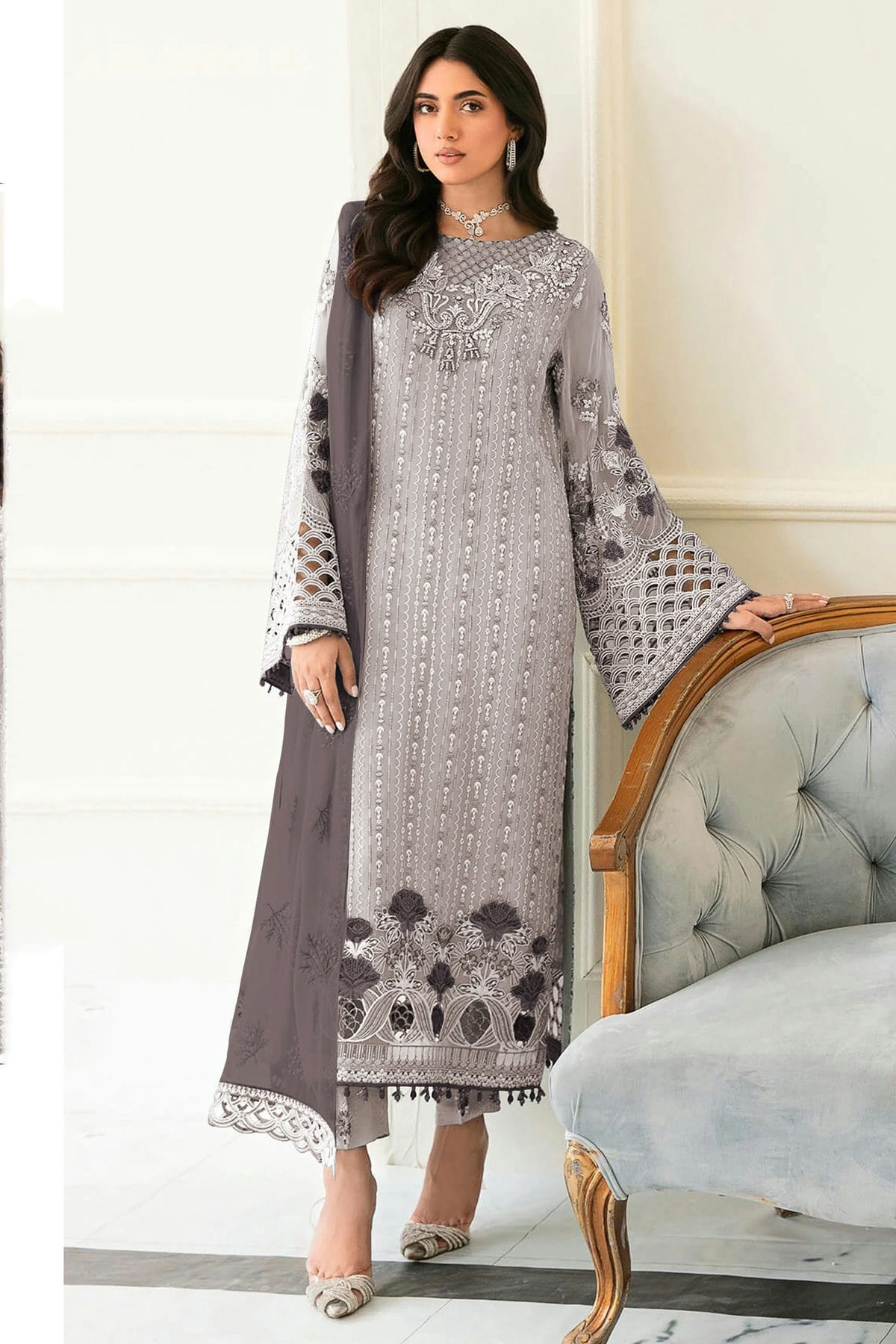 Light Grey Colour Semi Stitched Faux Georgette Pakistani Suit