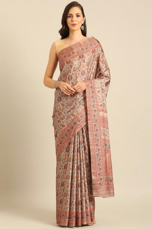 Light Mauve Colour Cotton Katha Handloom Silk Saree