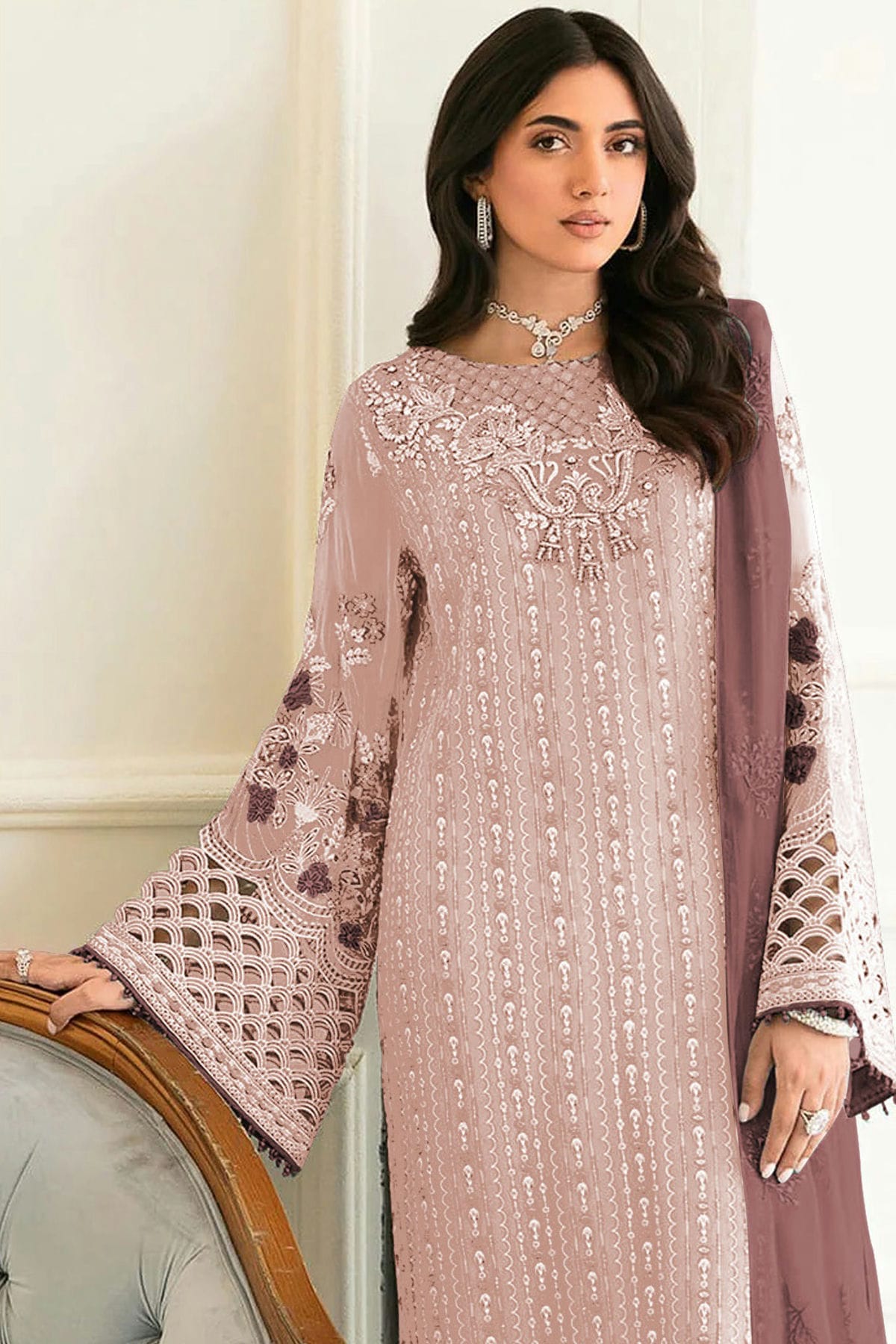 Light Peach Colour Semi Stitched Faux Georgette Pakistani Suit