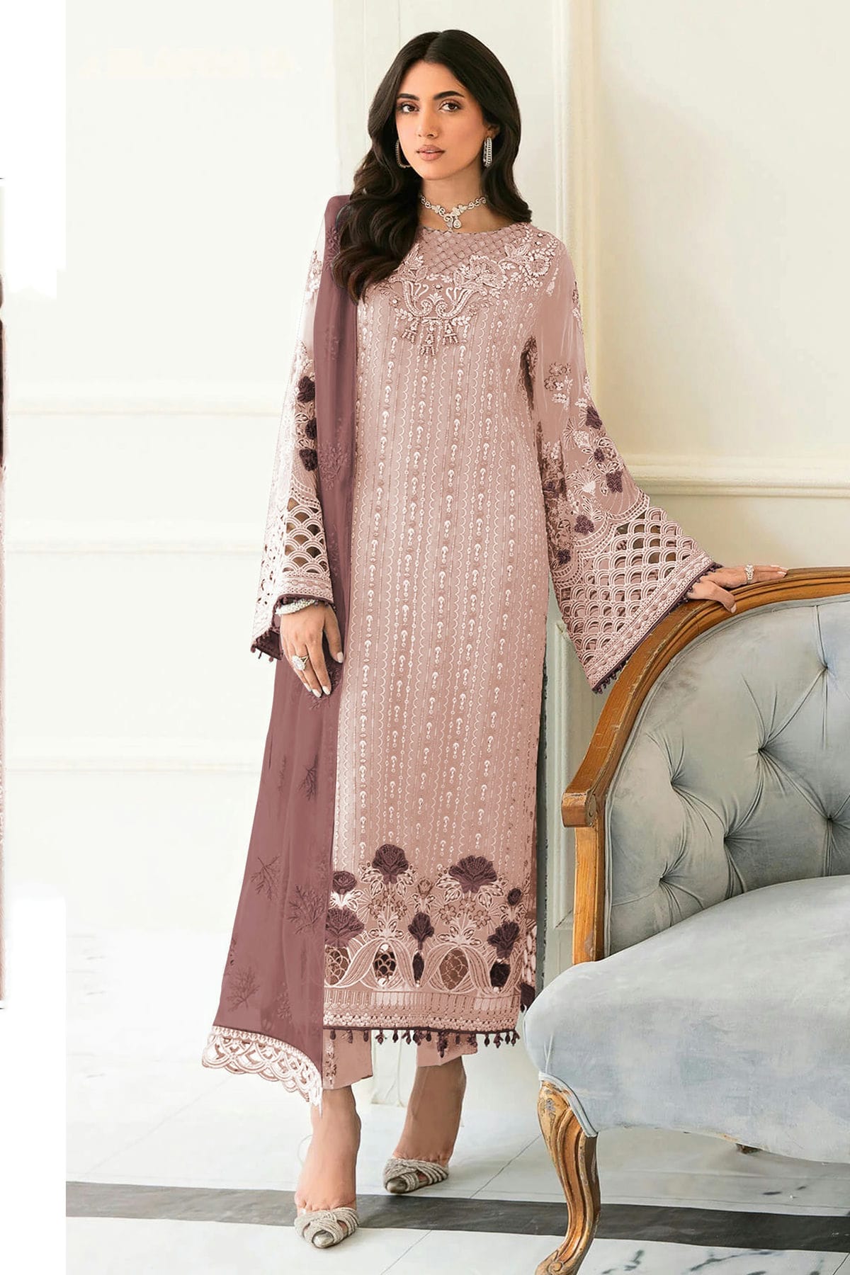 Light Peach Colour Semi Stitched Faux Georgette Pakistani Suit