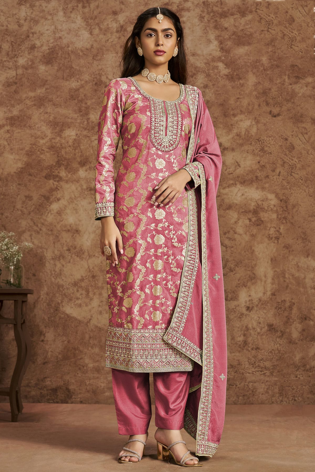 Light Pink Colour Dolla Silk Jacquard Straight Suit VSSM1050684