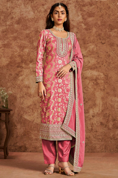 Light Pink Colour Dolla Silk Jacquard Straight Suit VSSM1050684