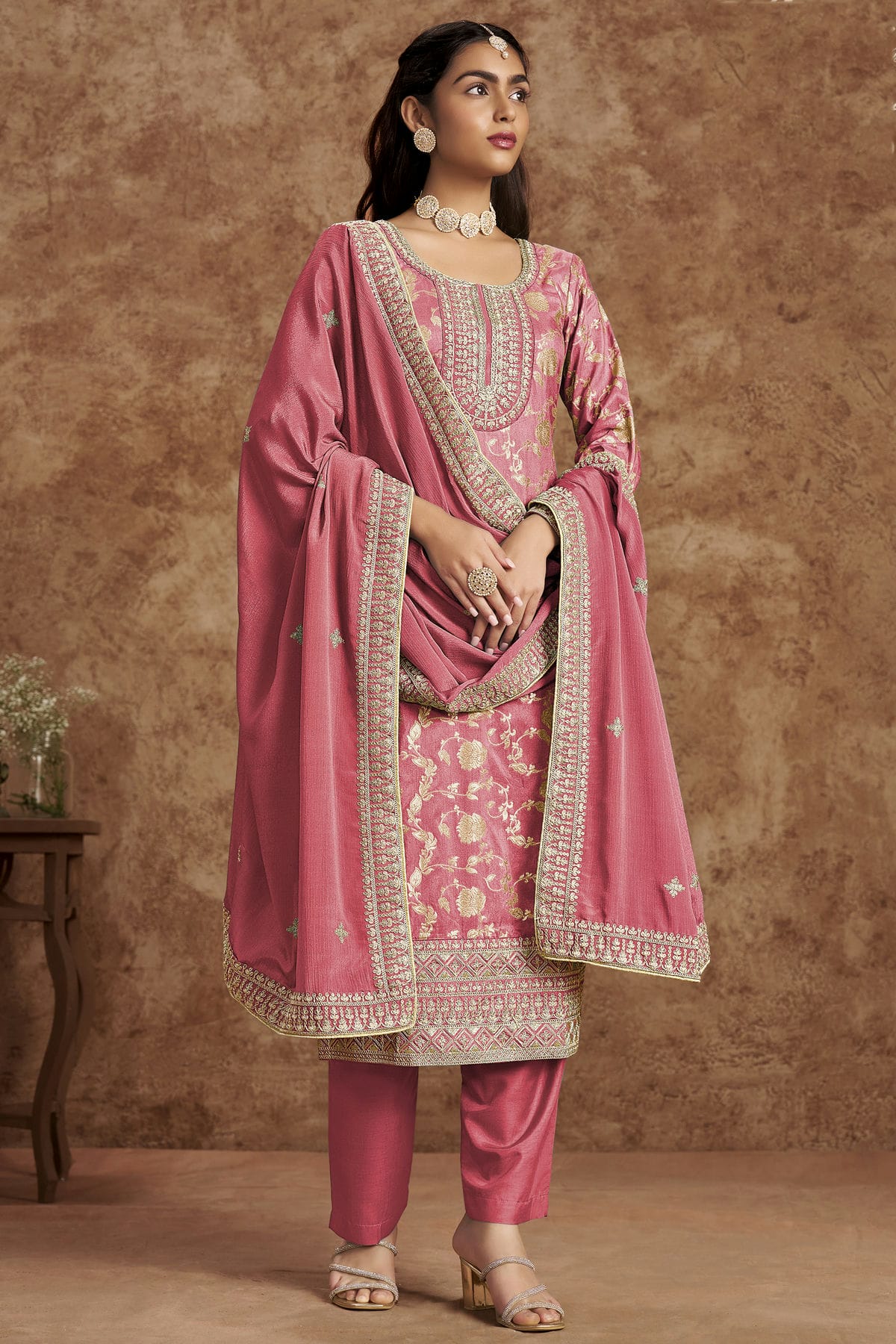 Light Pink Colour Dolla Silk Jacquard Straight Suit