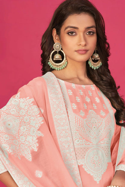 Light Pink Colour Semi Stitched Jacquard Straight Suit