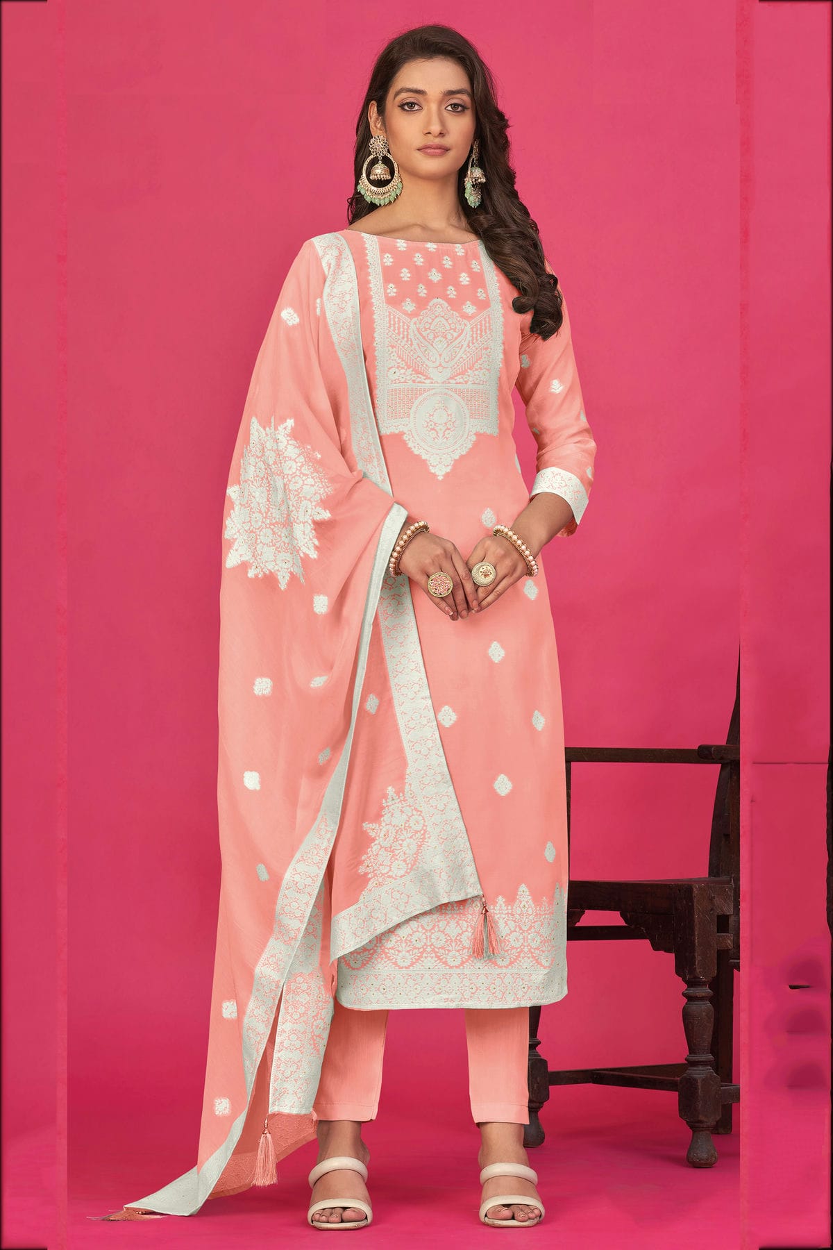 Light Pink Colour Semi Stitched Jacquard Straight Suit